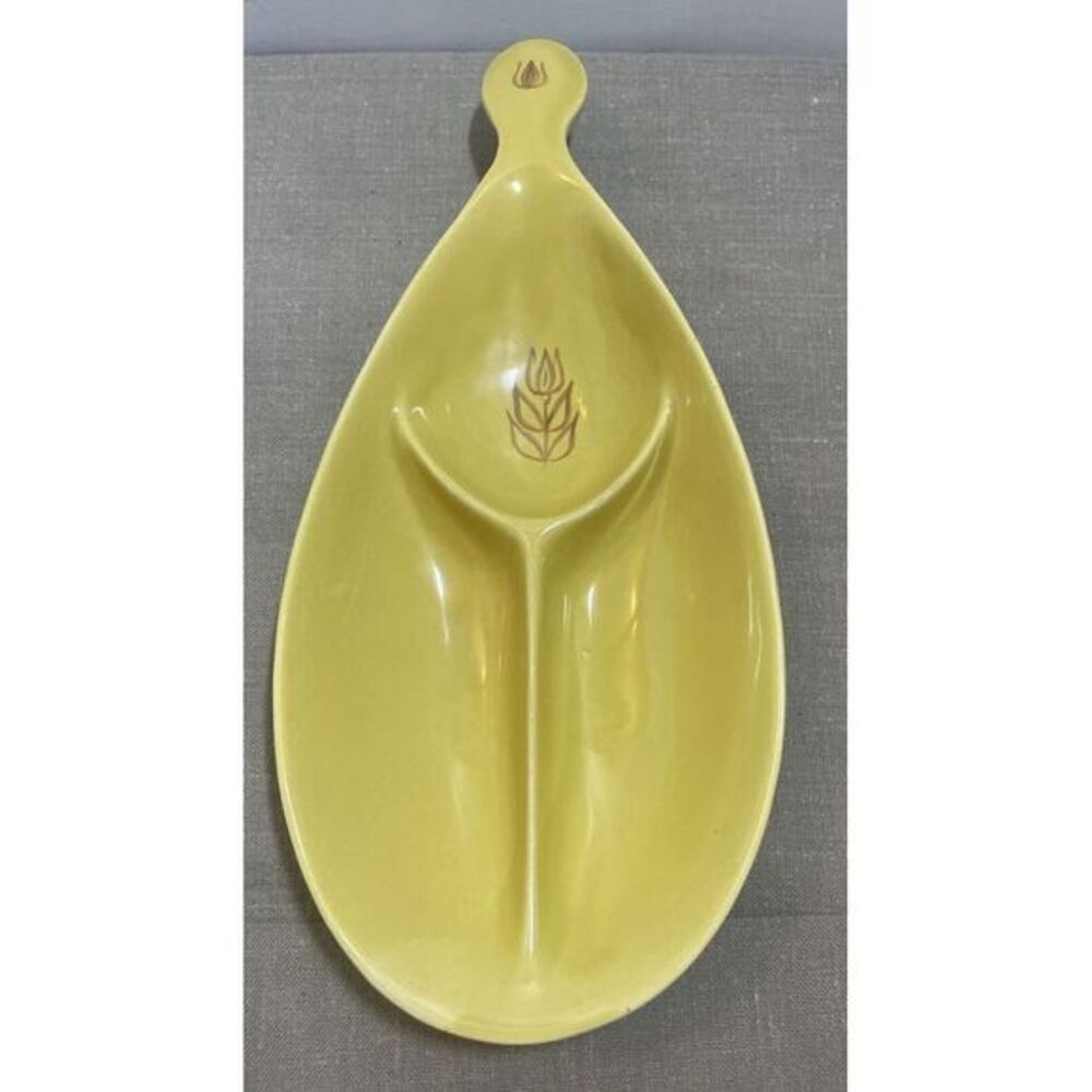 13" Vintage Yellow Cronin Divided‎ Relish Dish Cameron Clay Product Tulips MCM